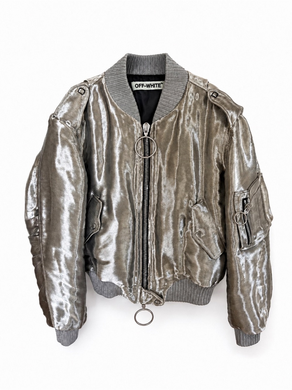 Off-White Metallic Silver Bomber Jacket with Ring-Zip